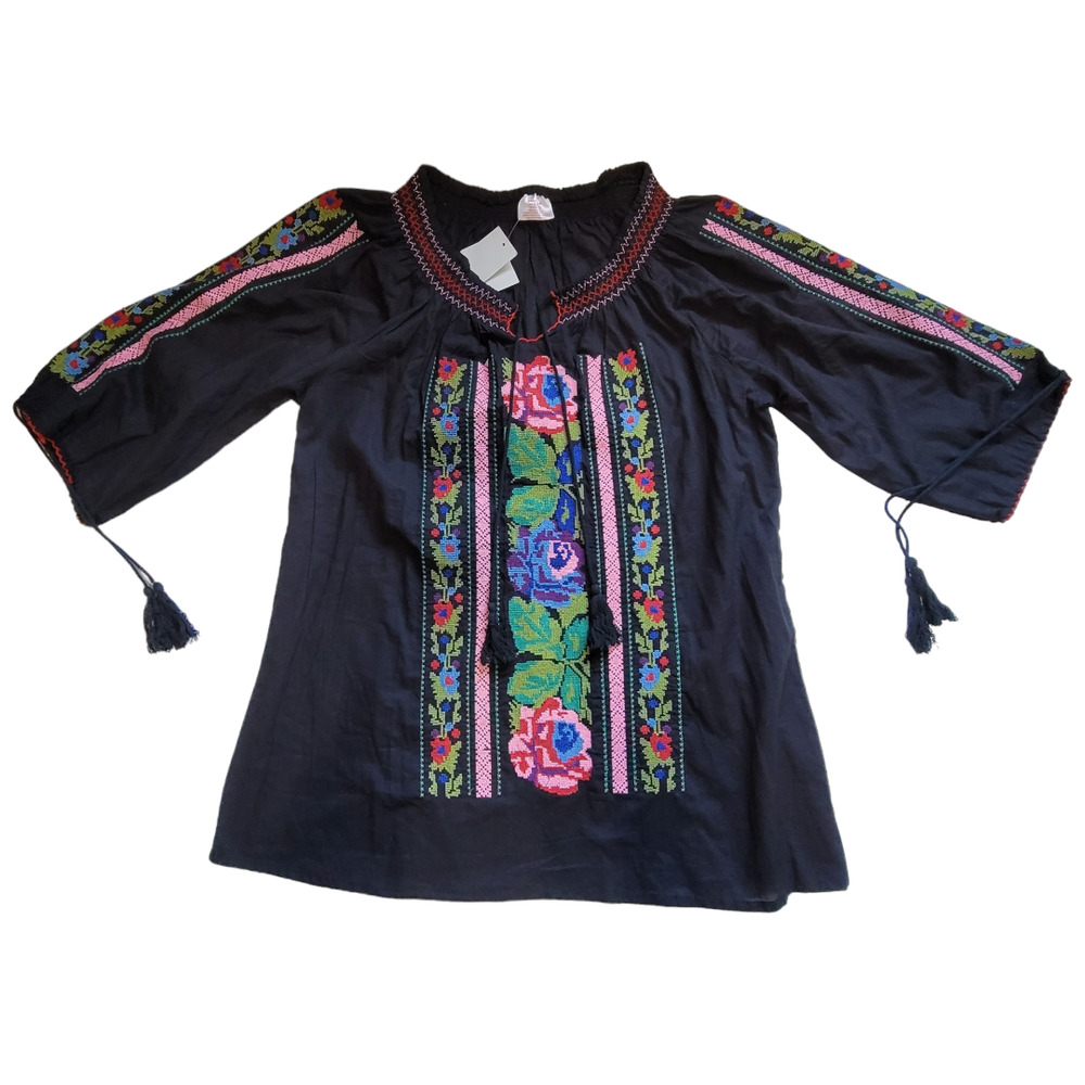 Star India Boho Black Embroidered Floral Tassel Cotton Three-Quarters Sleeves - Picture 3 of 6